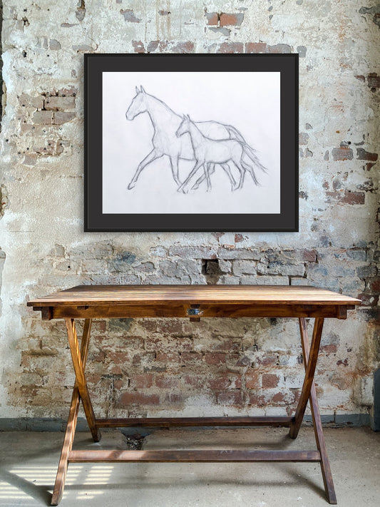 Original Charcoal Drawing - Mare & Foal